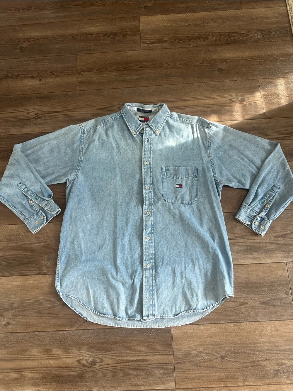 Vintage Tommy Hilfiger Light Faded Blue Denim Button-Down Shirt - Men M